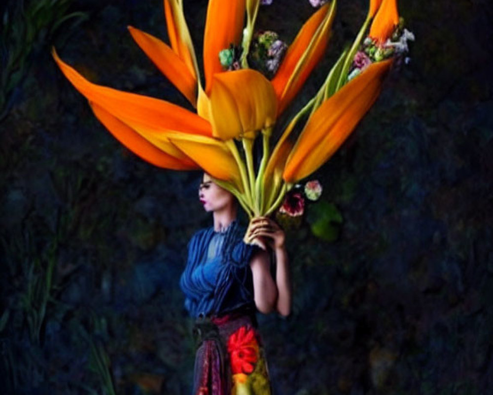 Person in Floral Dress Holding Oversized Bird-of-Paradise Flower