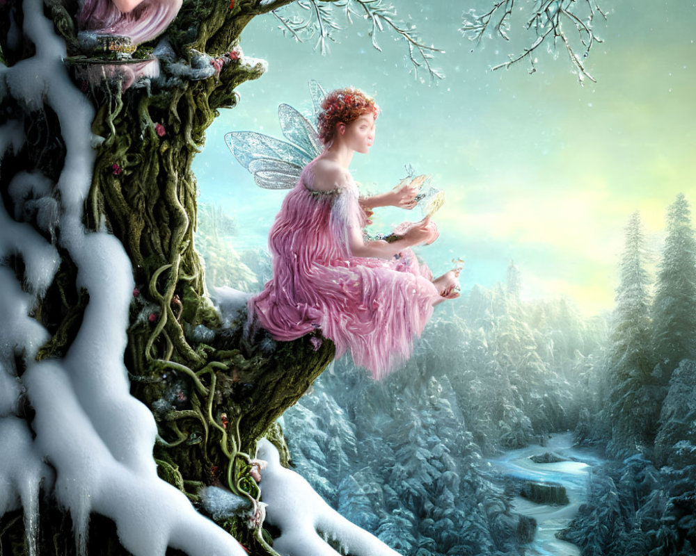 Translucent-winged fairies on snow-covered branches in magical winter forest