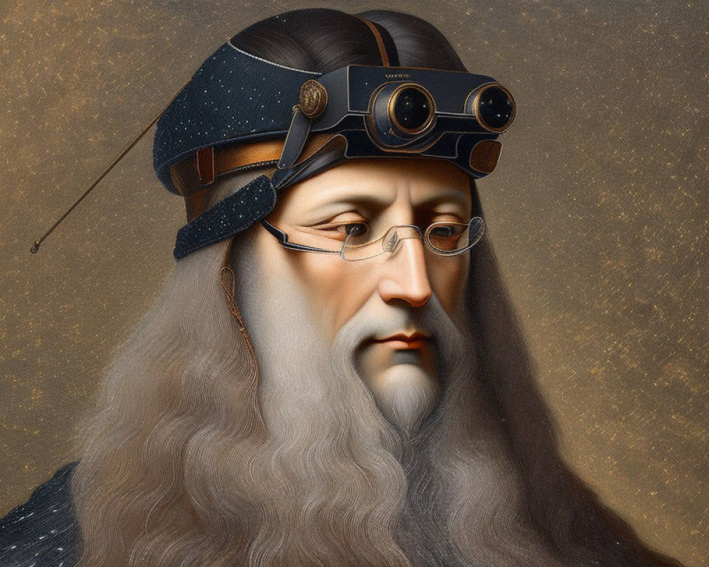 Surreal portrait with classical and futuristic blend, figure with long hair and beard wearing steampunk