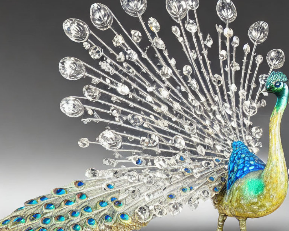 Crystal and Metal Peacock Sculpture with Elaborate Tail and Spherical Transparent Elements
