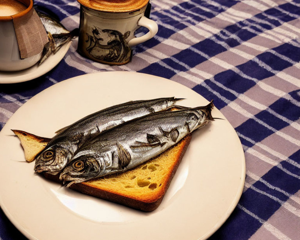 Three Fish on Bread with Latte Art and Fish Cup on Blue Tablecloth