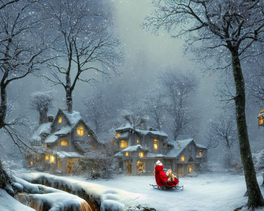 Santa Claus on Sleigh Amidst Snow-Covered Cottages