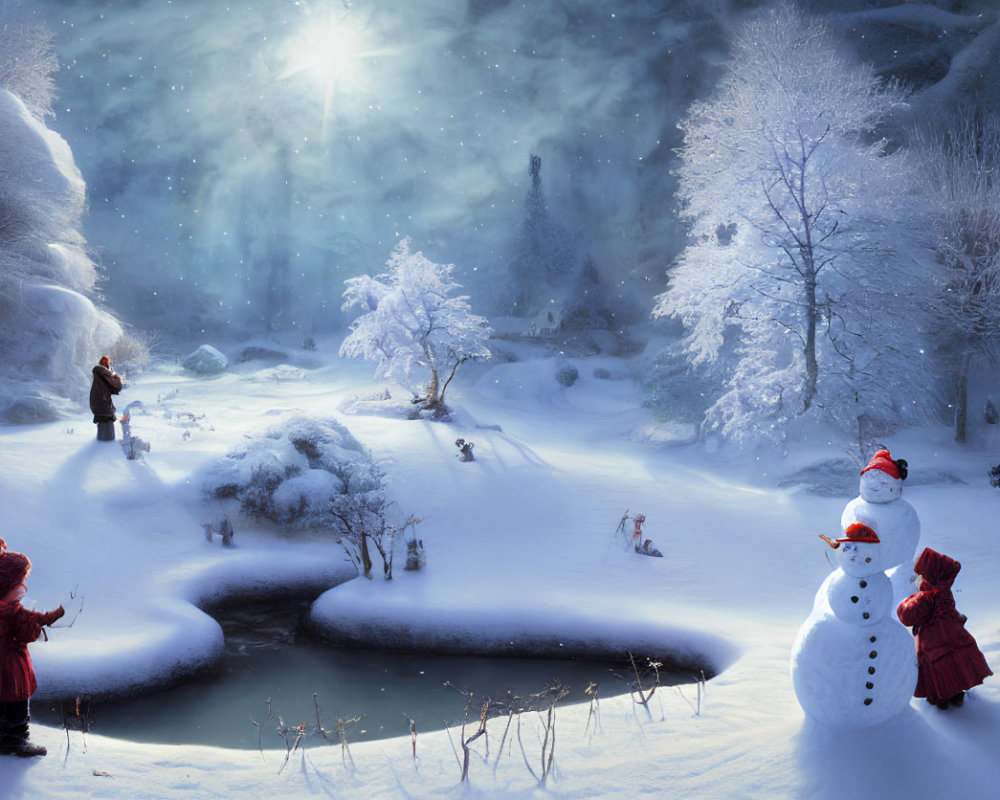Winter Scene: Children, Snowman, Pond, Snowy Trees & Starry Sky
