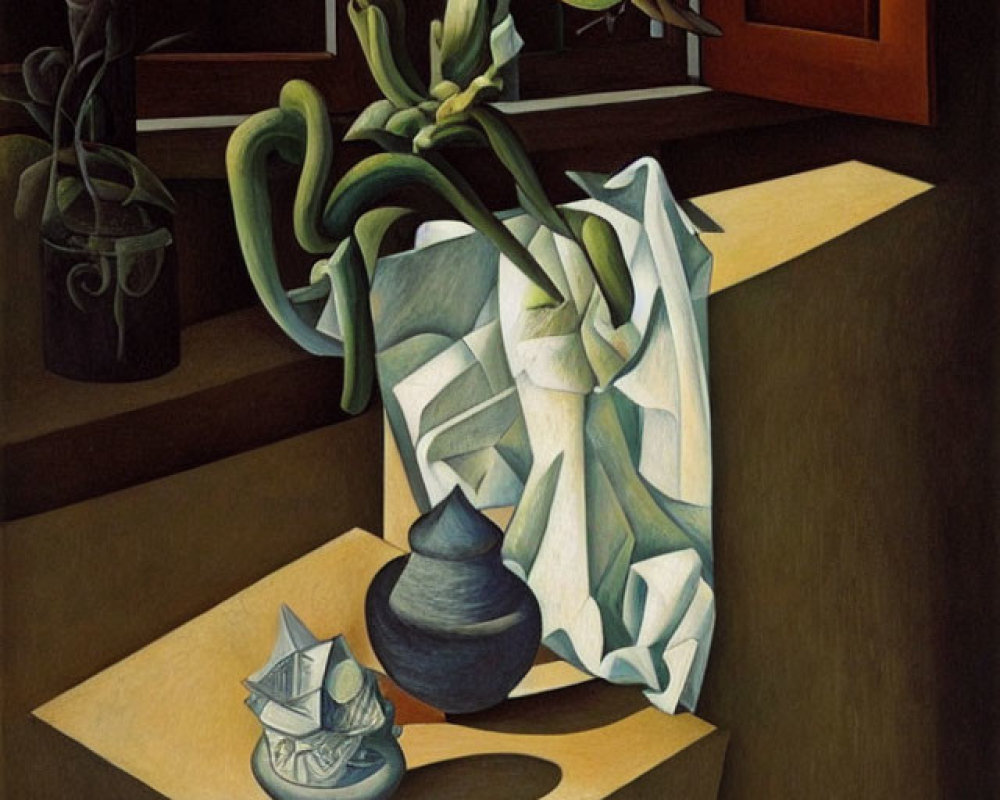 Surrealist painting with robin, distorted tulips, cloth, vase, and paper boat in dark