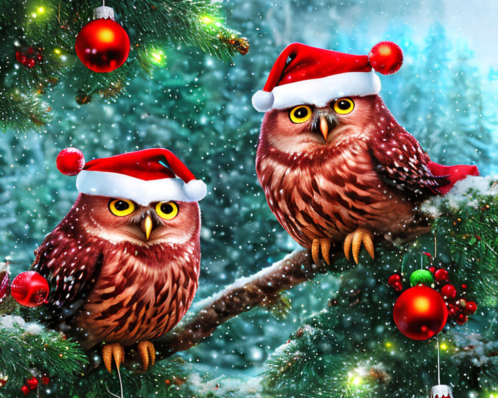 Illustrated Christmas Owls with Santa Hats on Festive Tree