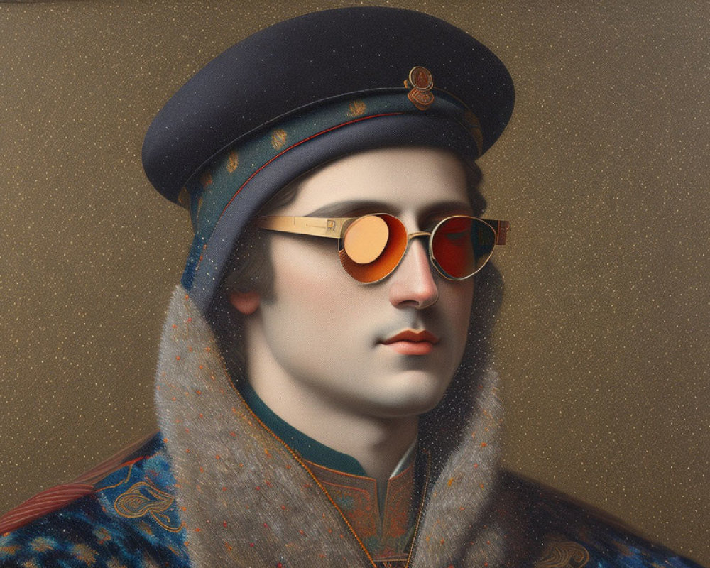 Portrait of a person in ornate military uniform with orange sunglasses