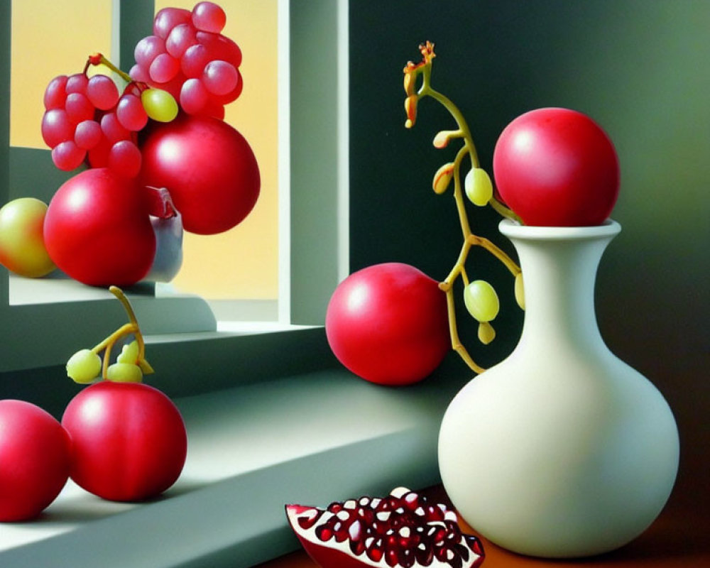 Hyperrealistic Still Life Painting: Grapes, Pomegranate, Tomatoes, and V