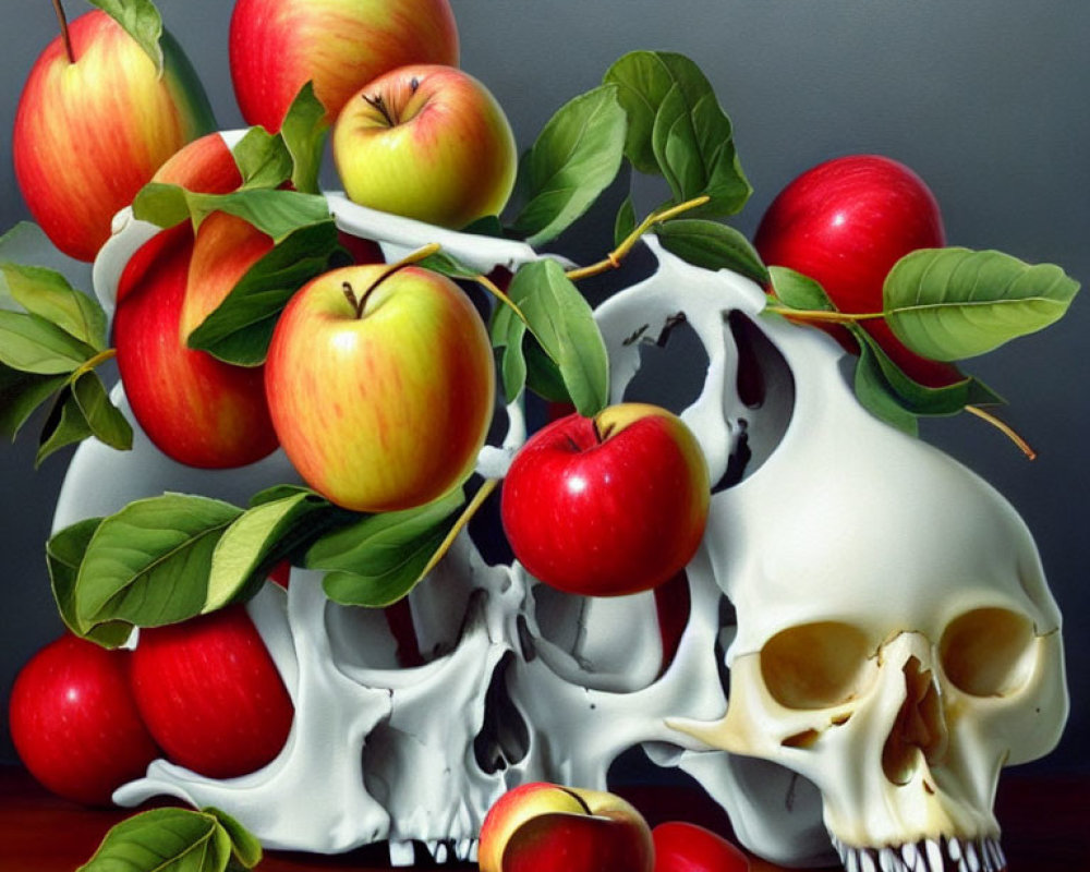 Realistic human skull painting with red and yellow apples on grey background