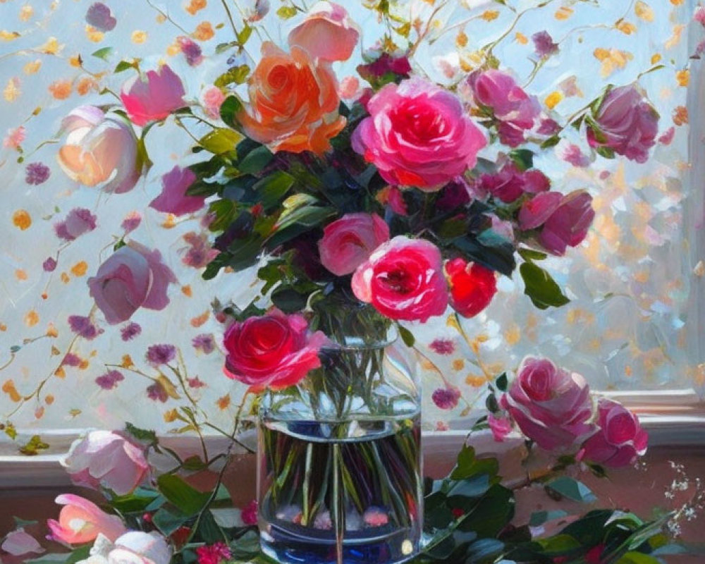 Colorful Rose Bouquet Painting with Glass Vase and Window Light