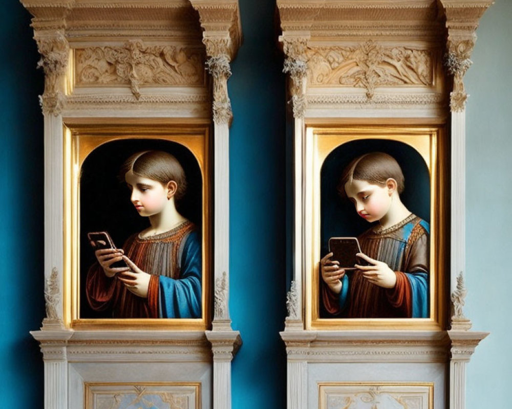 Classical Attire Women with Smartphones Against Golden Arches