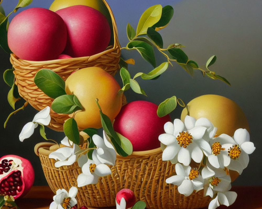 Colorful Fruit Still Life Painting with Wicker Basket and Flowers