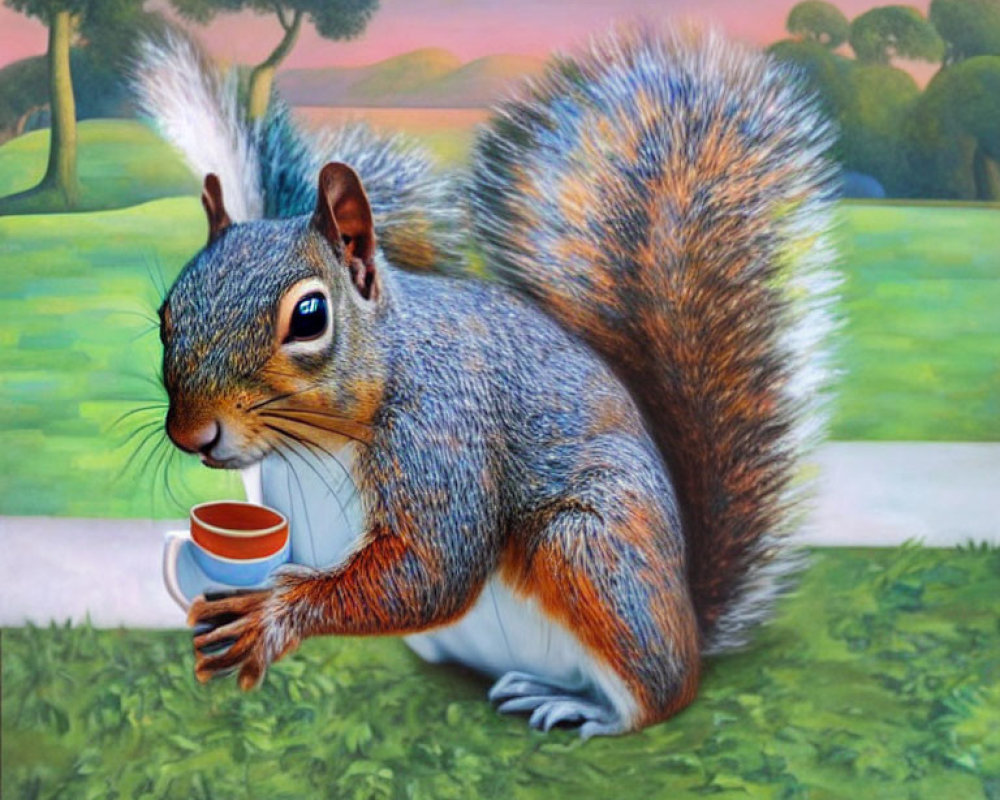Whimsical oversized squirrel painting with cup in pastoral landscape