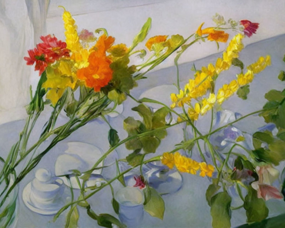 Colorful Flowers in Glass Vase on White Cloth - Still Life Painting