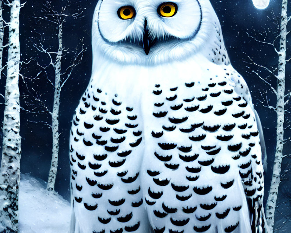 Snowy owl with intense yellow eyes in wintry birch forest