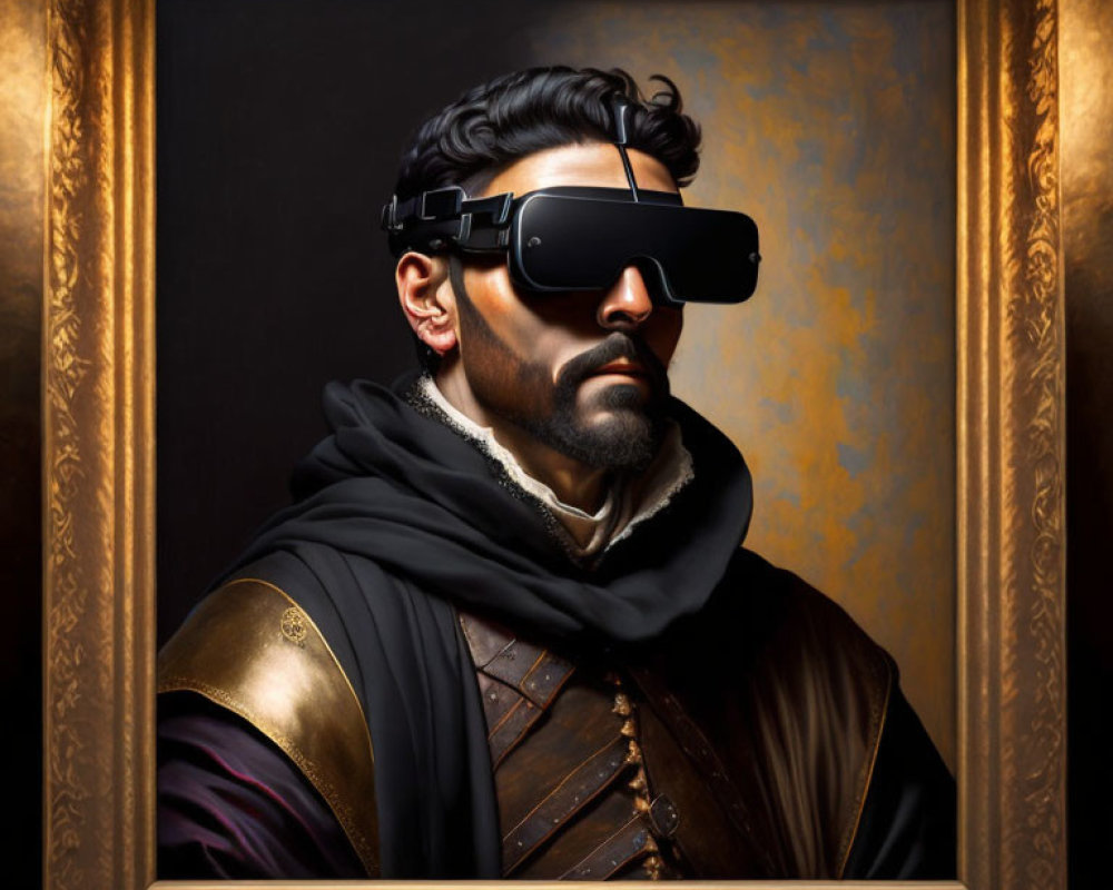 Man in historical attire with modern VR goggles in ornate frame.