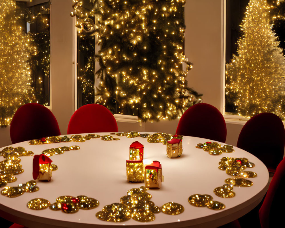 Festive room with white table, gold glitter decorations, red chairs, and illuminated Christmas trees