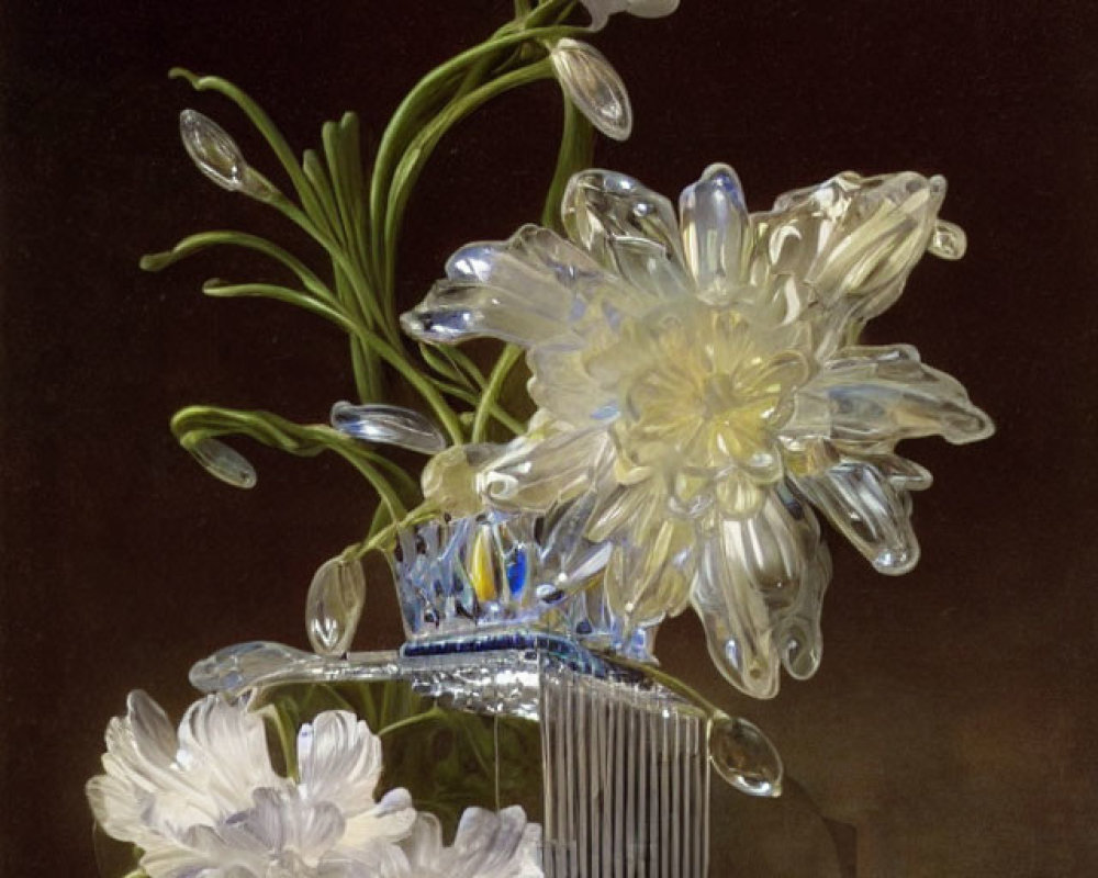 Translucent flowers in clear vase against dark background