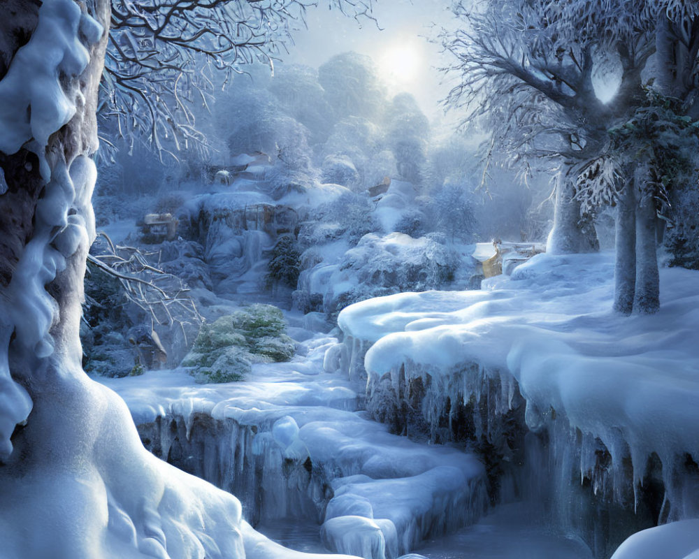Snow-covered trees, frozen stream, icicles in serene winter landscape