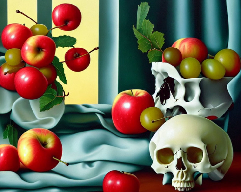Hyperrealistic still life painting with red apples, green grapes, skull, fabric, and striped background
