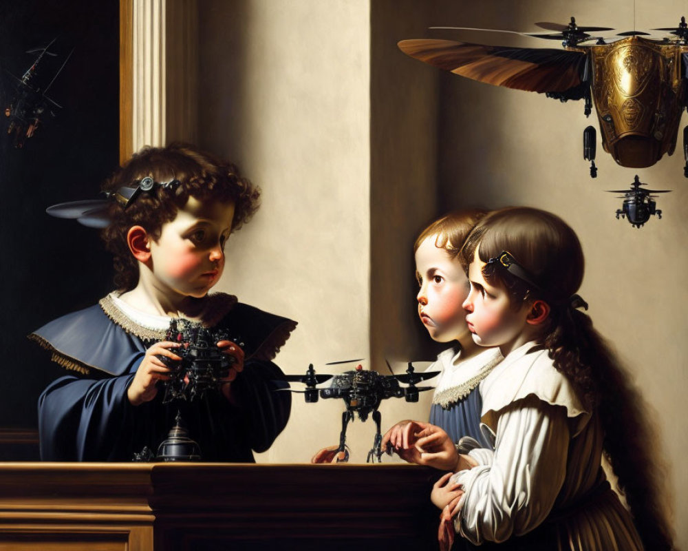 Classic Painting of Children with Steampunk Flying Toys