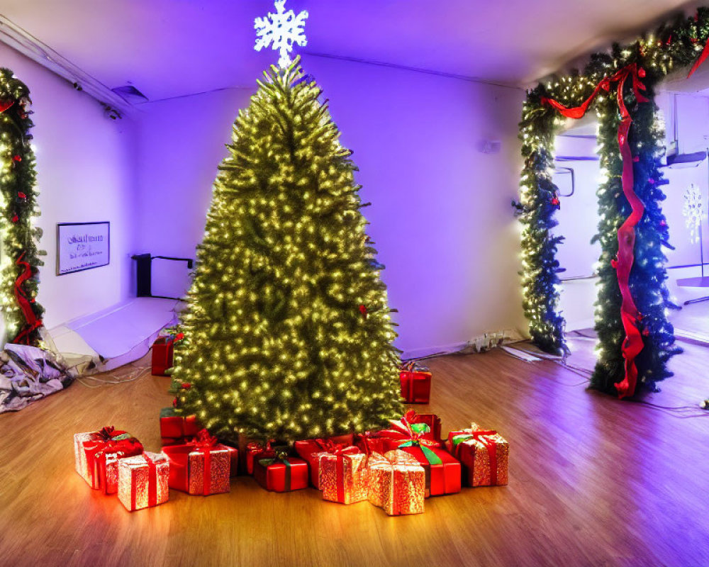 Festive Christmas tree with gifts, garland, and lights in purple room
