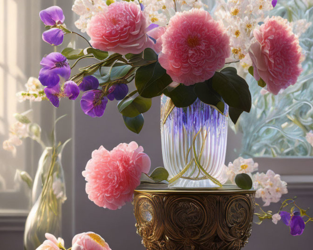 Pink peonies and purple flowers in decorative vase by window with light