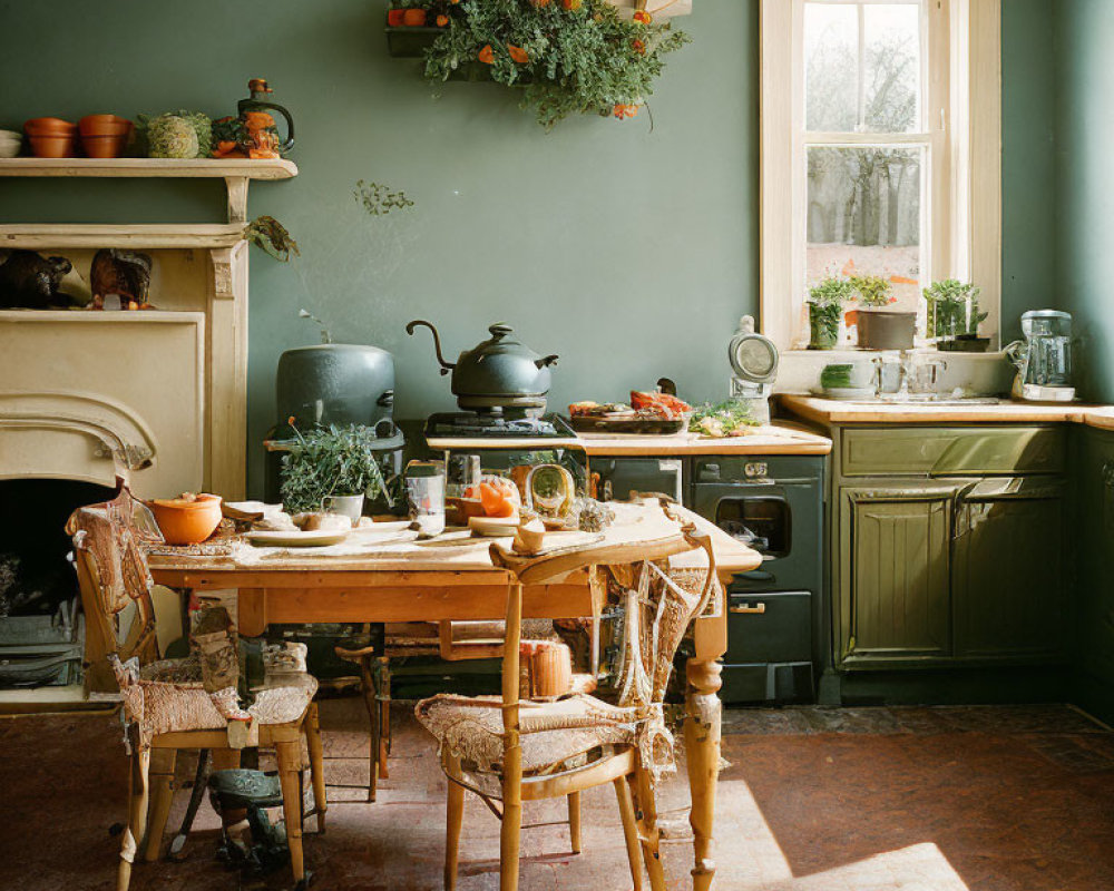 Rustic kitchen with green cabinets, wooden table, herbs, stove, and natural light