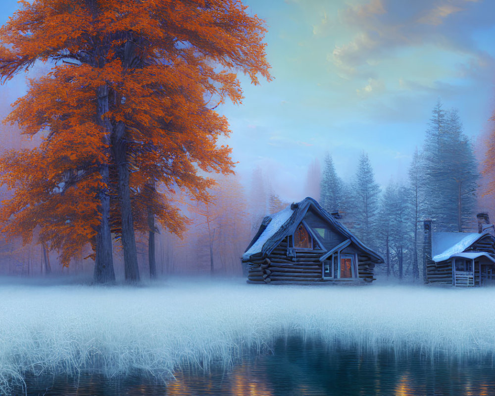Misty frosted landscape with lake, cabins, orange tree at dawn