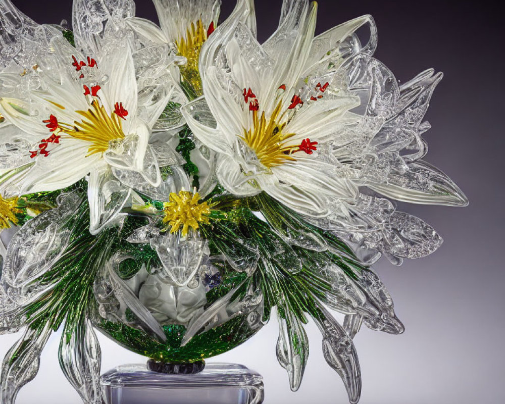Intricate glass sculpture: white lilies, red stamens, green foliage