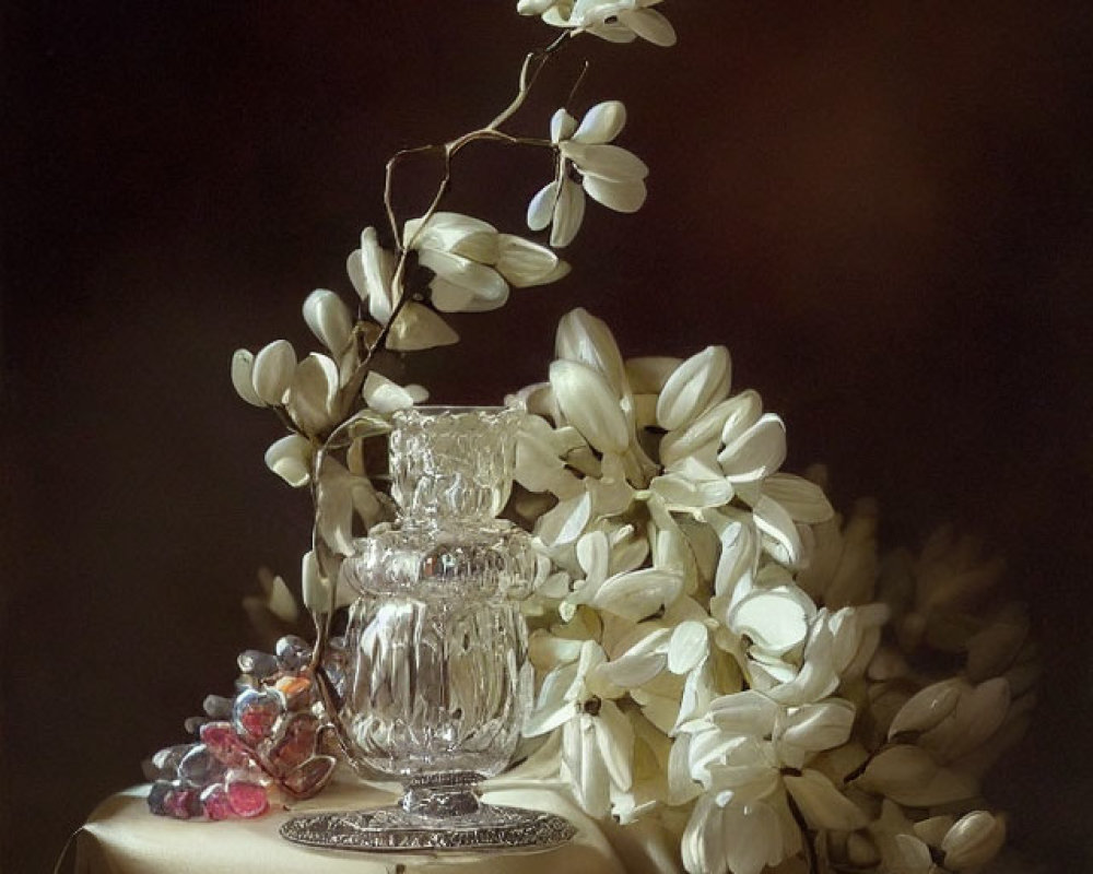 White magnolia branch with glassware, silverware, and beads on cloth