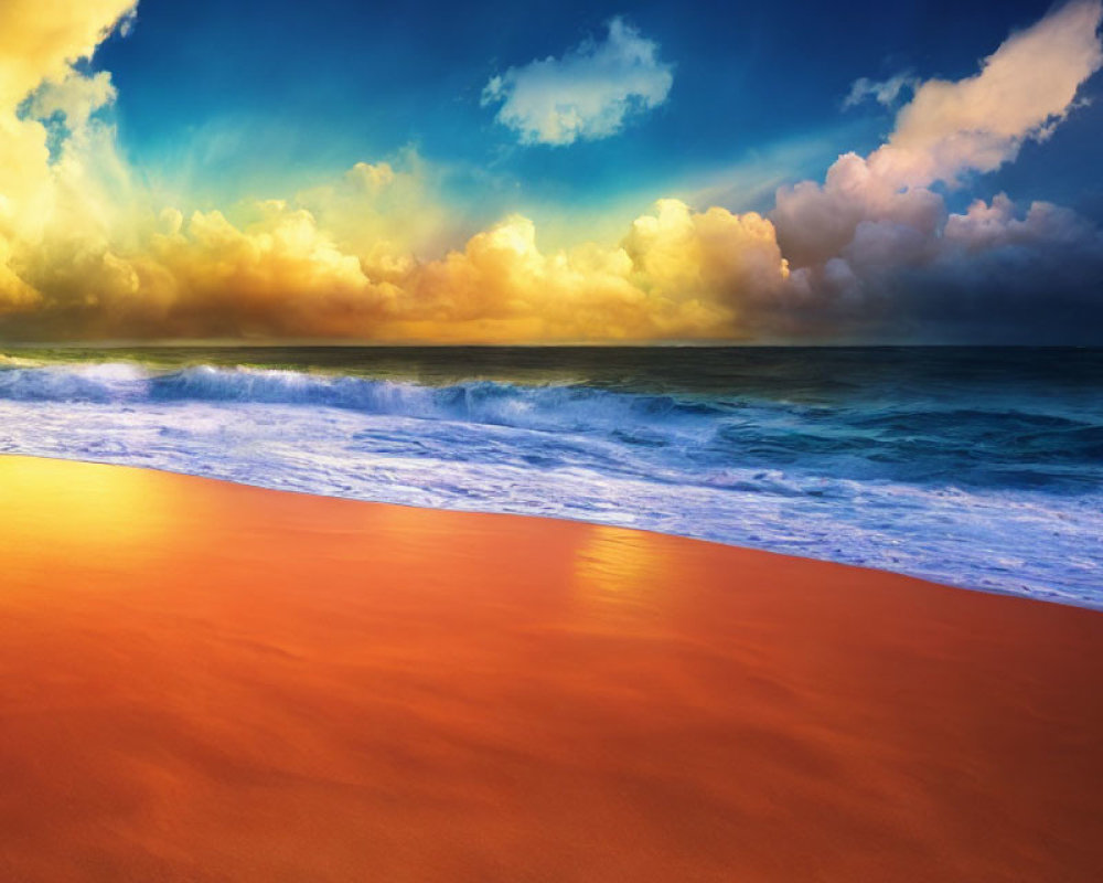 Sunset scene: Golden beach, turquoise waves, dramatic sky.