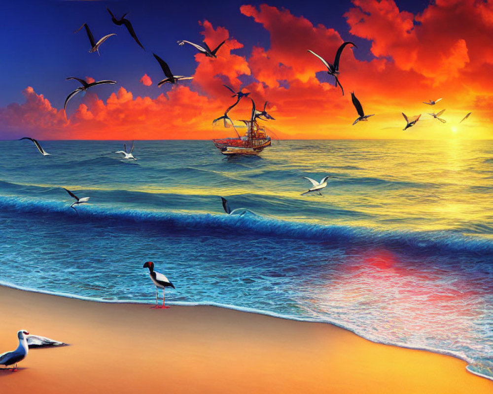 Colorful ocean sunset with birds, sailboat, and beach scene