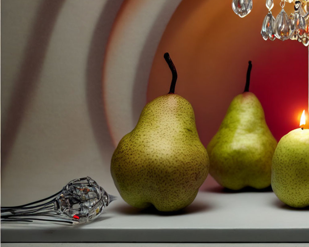 Pears, Candle, Glassware, Chandelier, and Shadows on Table