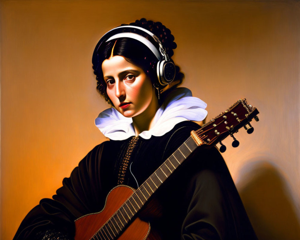 Traditional Woman with Guitar and Modern Headphones in Renaissance-Era Clothing