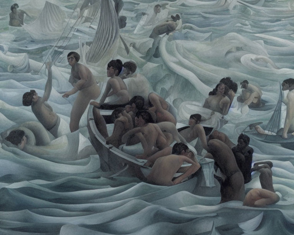 Monochromatic painting of figures with oars in wavy water and people merged with sea
