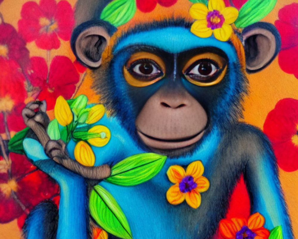 Vibrant painting of a blue monkey with floral elements on orange background