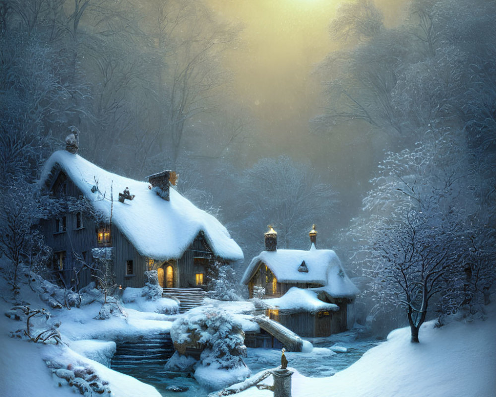 Winter Forest Sunset: Snow-covered Cottages in Tranquil Setting