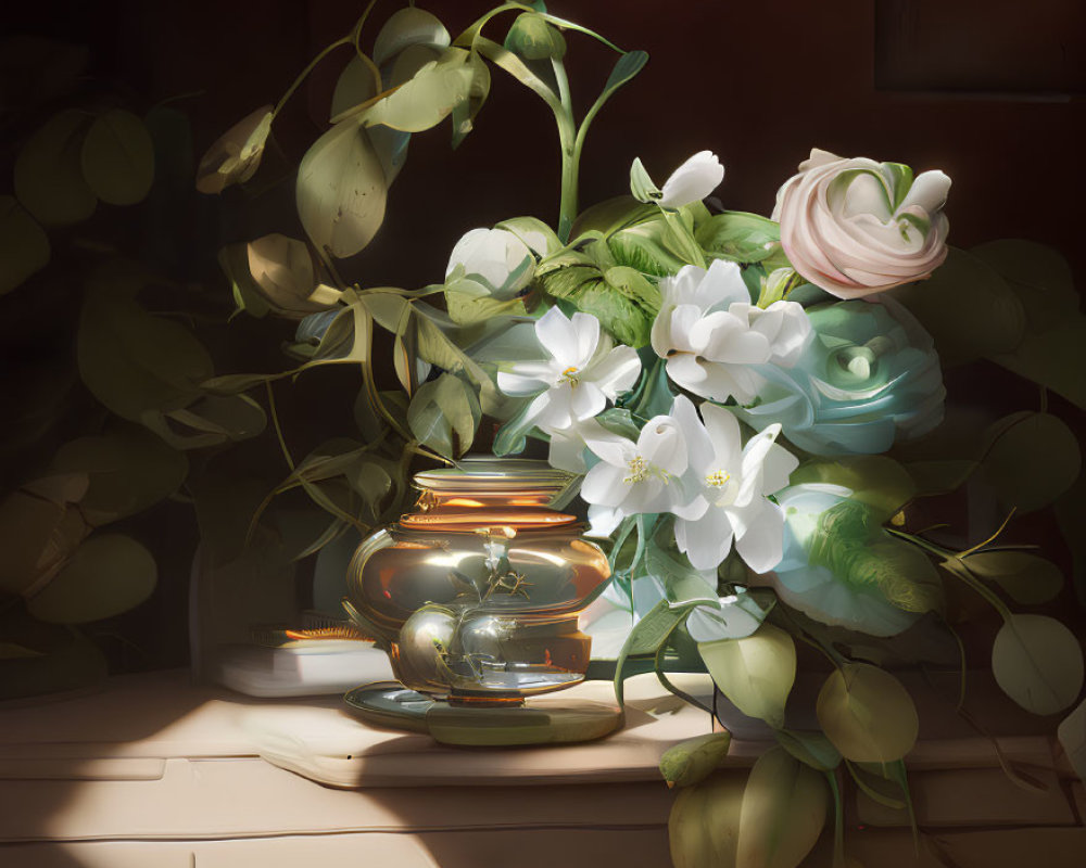 Tranquil still life with glowing lantern, greenery, and white flowers