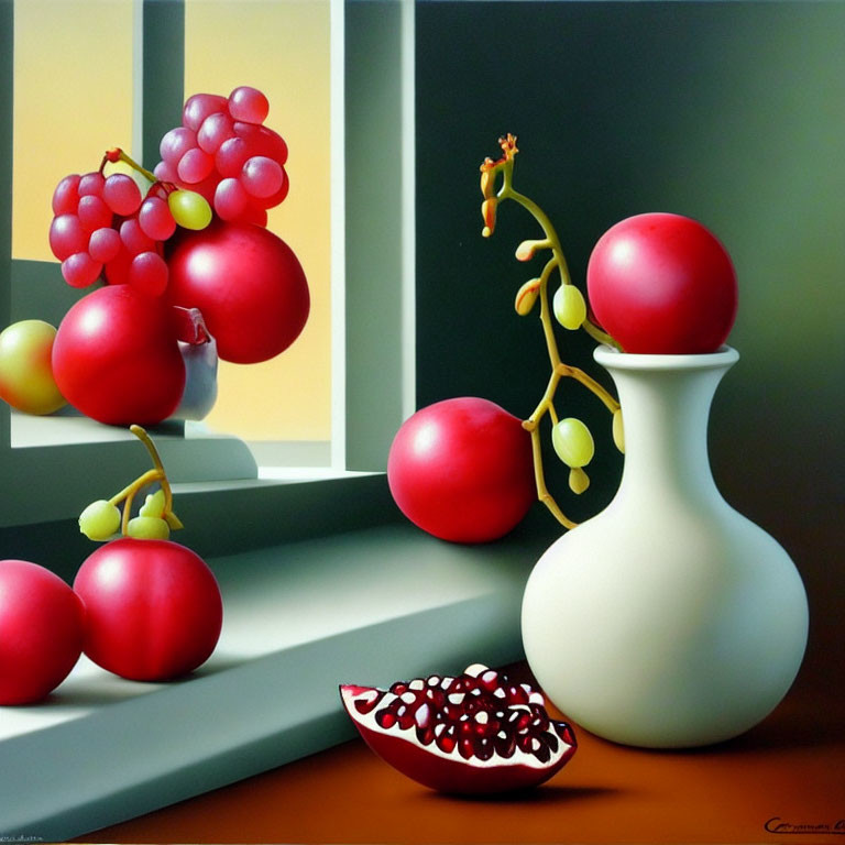 Hyperrealistic Still Life Painting: Grapes, Pomegranate, Tomatoes, and V