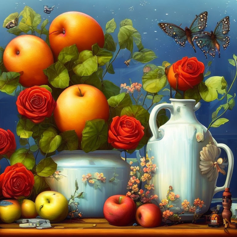 Colorful Still Life with Fruits, Flowers, Pitcher, and Butterflies on Blue Background