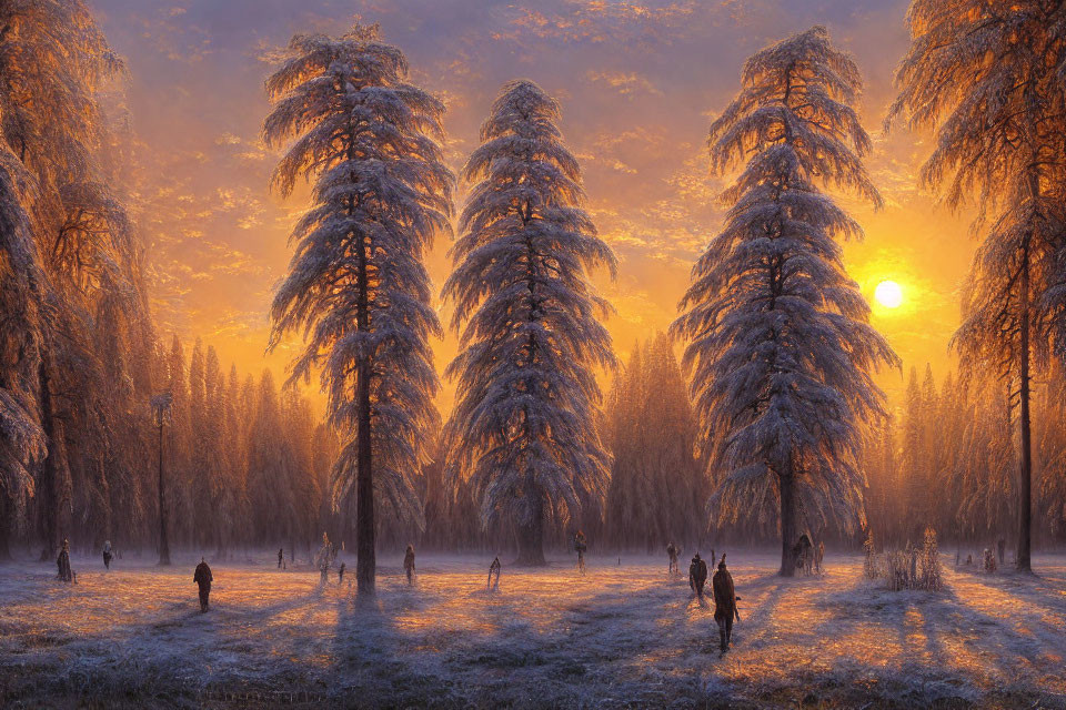 Snow-covered trees in golden sunrise with people walking among frosty pines