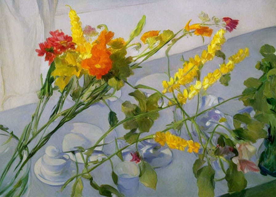 Colorful Flowers in Glass Vase on White Cloth - Still Life Painting