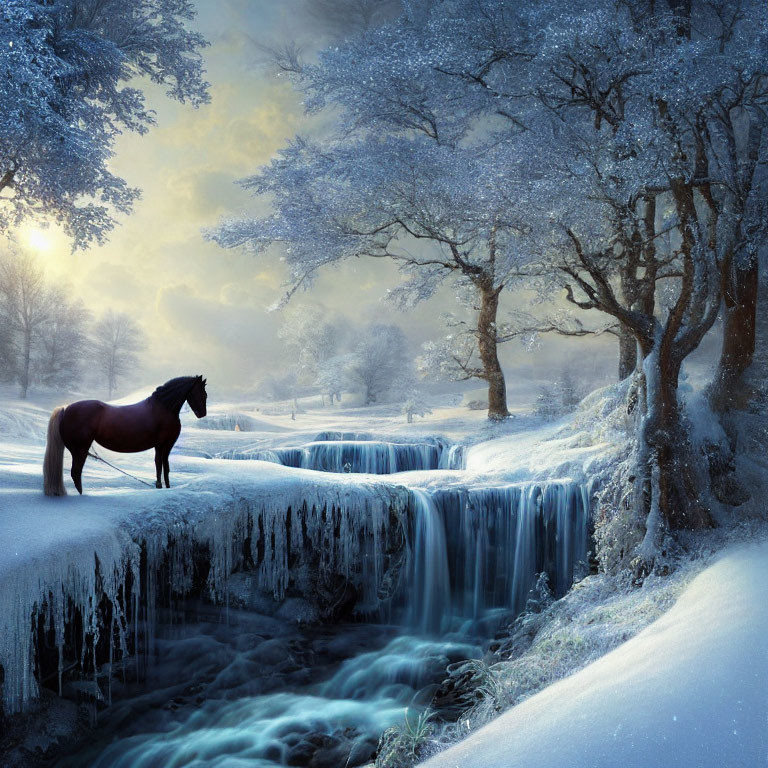 Majestic horse near frozen waterfall in snowy landscape