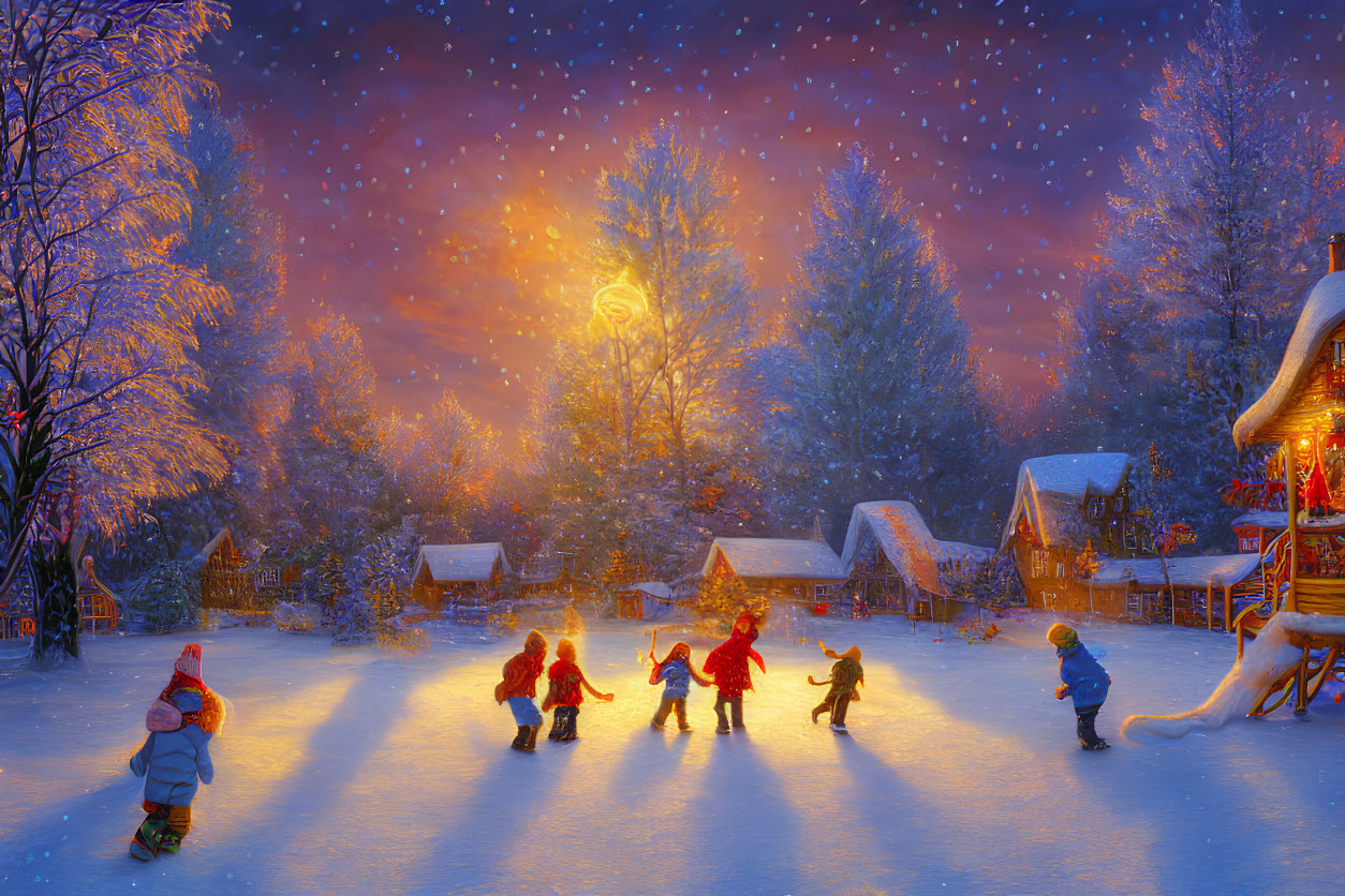 Kids and dog playing in snow at dusk in cozy village with lit houses and falling snowflakes