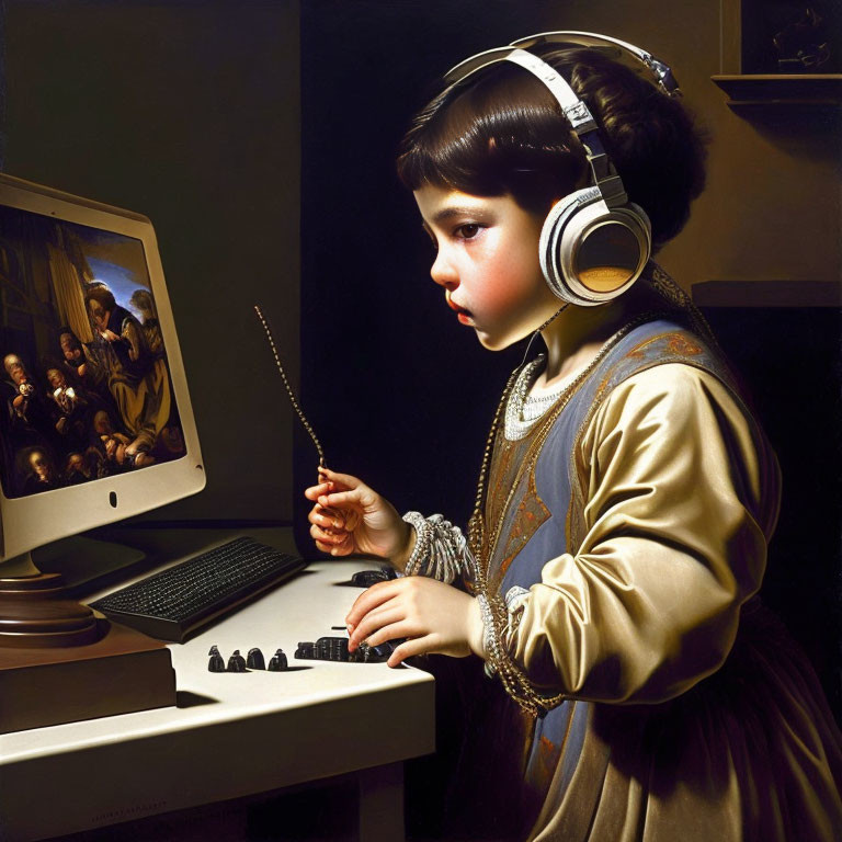 Young girl in vintage attire using modern computer and graphic tablet
