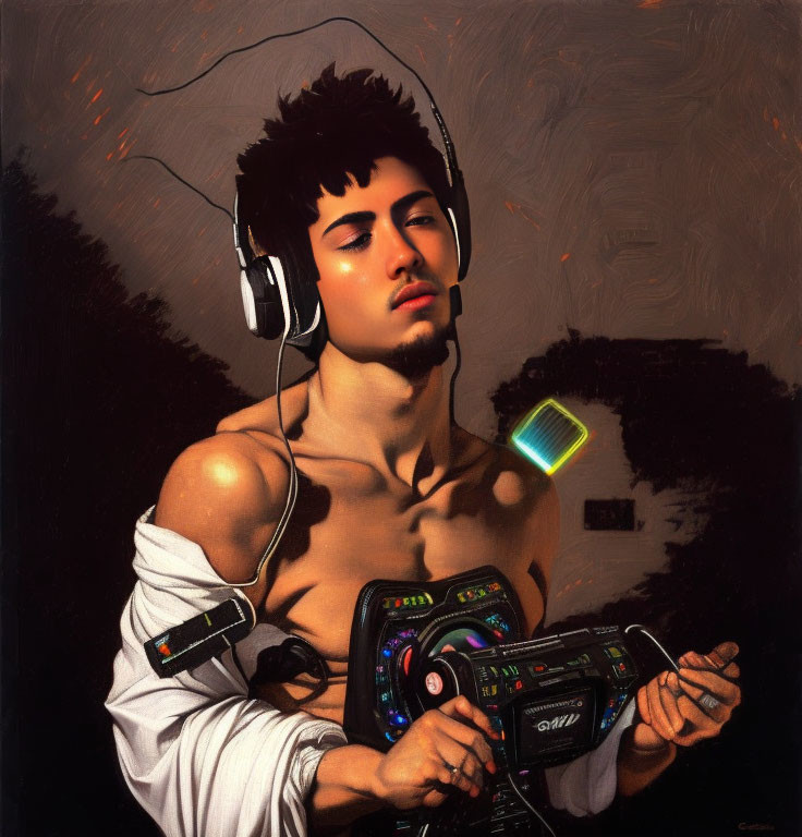Stylish person holding boombox with futuristic elements