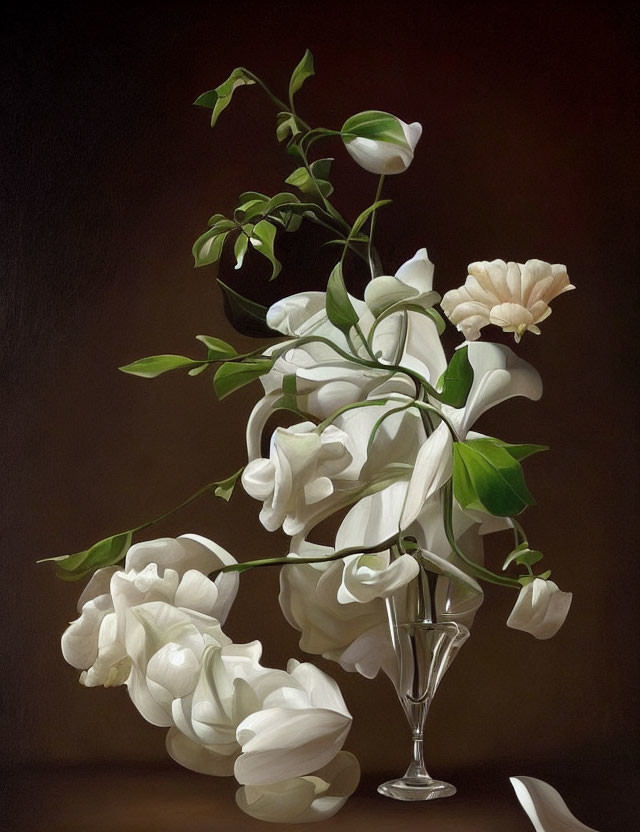 Classic Still Life Painting of Vase with White Flowers on Dark Background