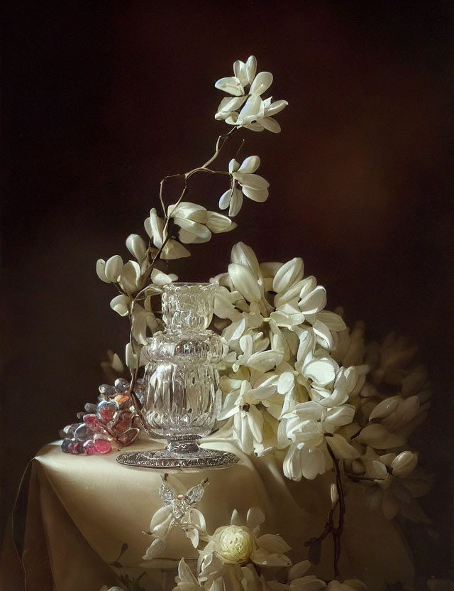 White magnolia branch with glassware, silverware, and beads on cloth
