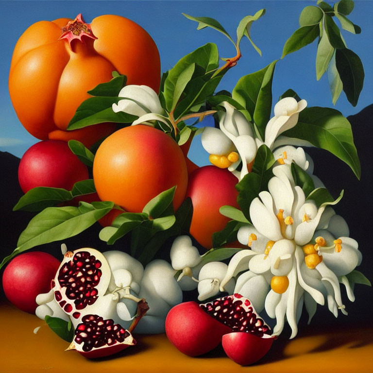 Still life painting of ripe pomegranates, oranges, and white flowers on dark background