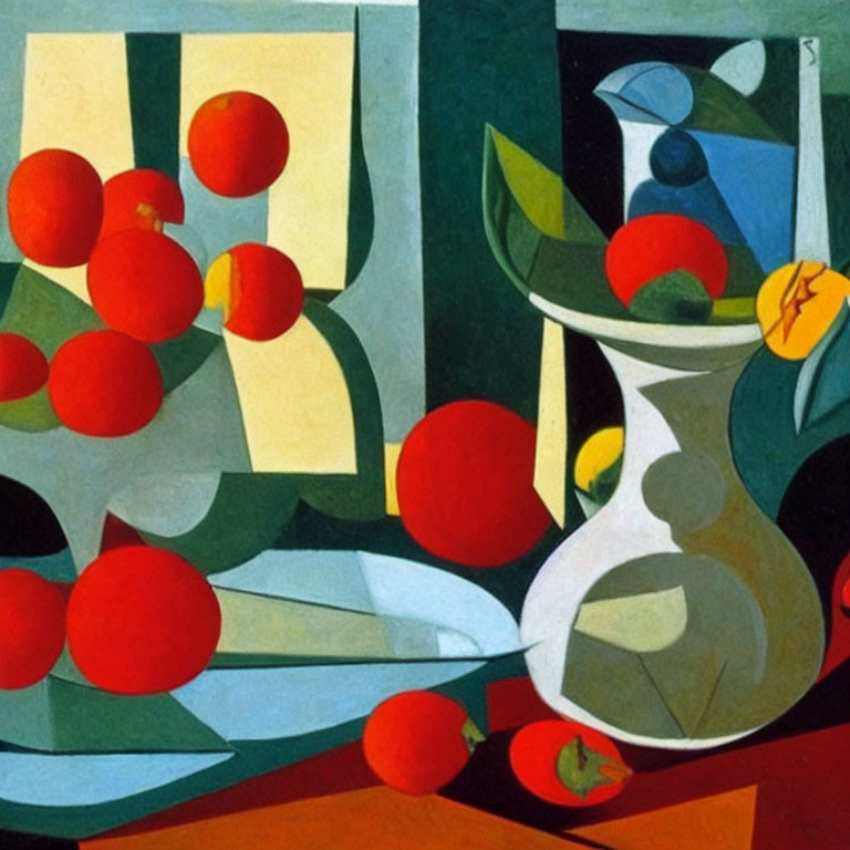 Cubist still-life painting with vase, green leaves, red apples, and abstract geometric background